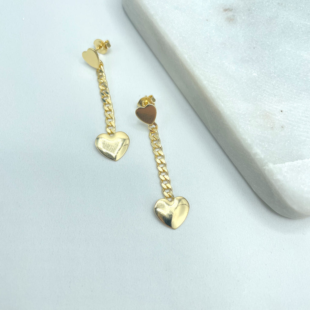 18k Gold Filled Drop and Dangle Earrings with Curb Link Chain and Two Flats Hearts