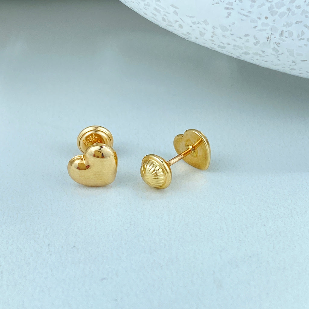 14k Solid Gold Heart Stud Earrings, 14k Solid Yellow Gold Puffed Polished Stud Earrings