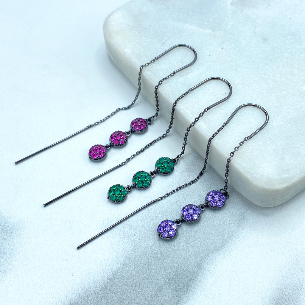 Rhodium Hematite Tone Chain Threader Earrings with Colored Cubic Zirconia Drop Circles, Pink, Green or Purple