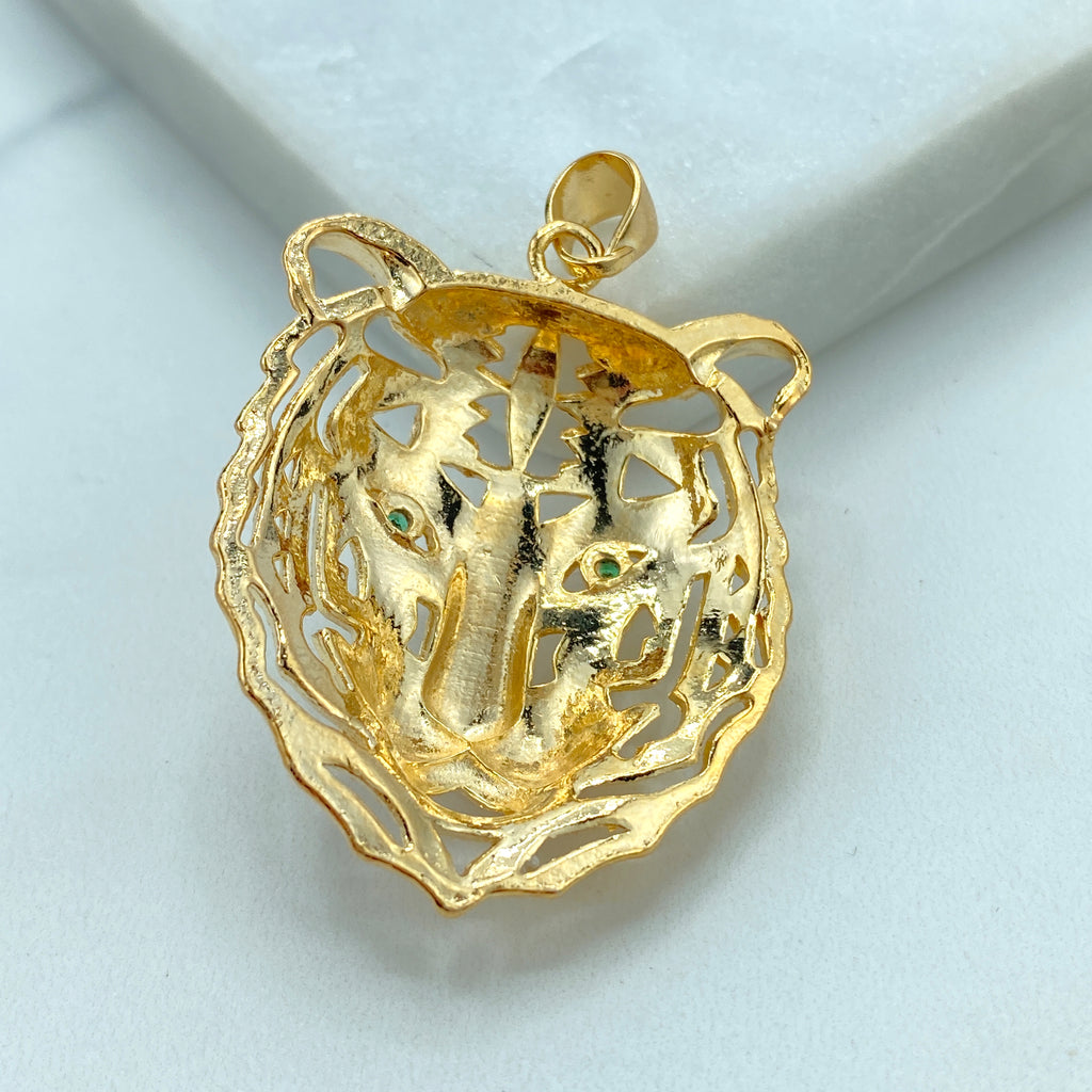 18K Gold Filled Cutout Animal Tiger Head Pendant, featuring Green CZ, Lion Head Pendant