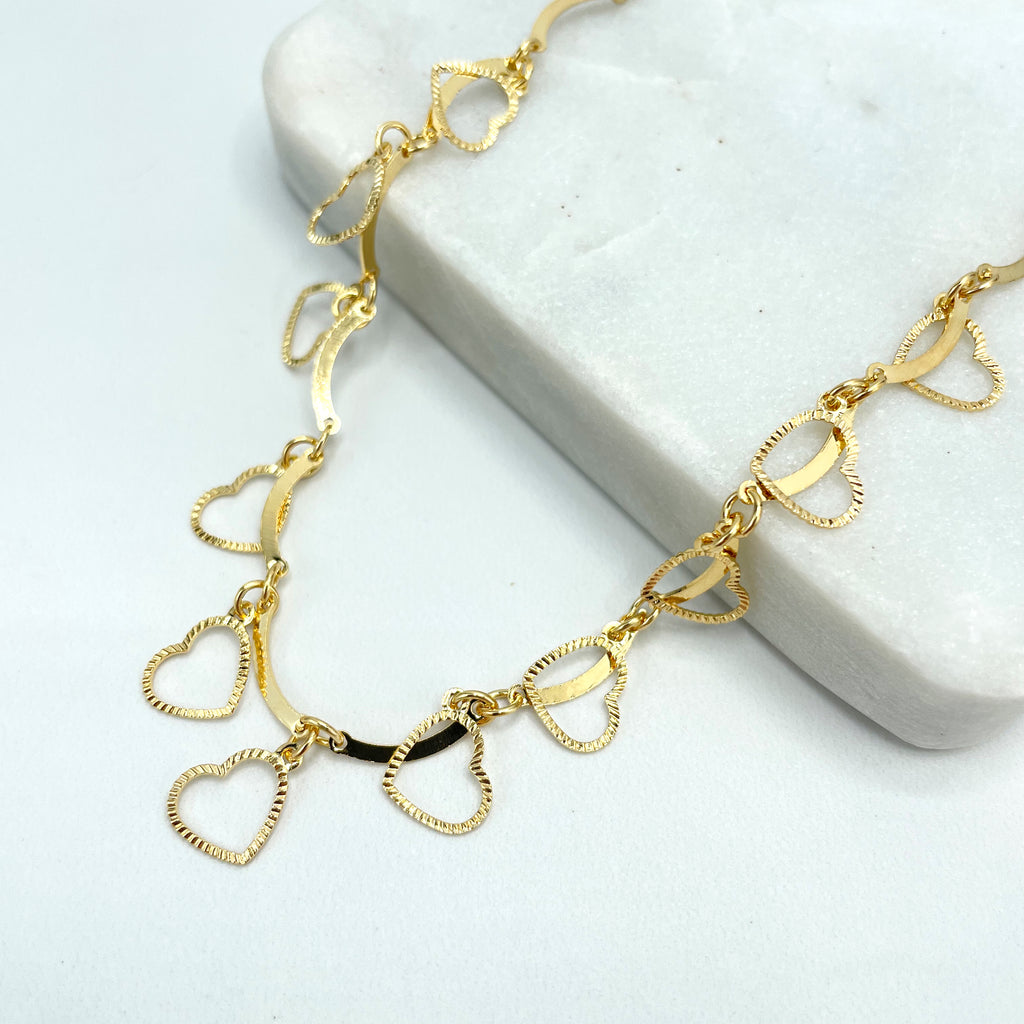 18k Gold Filled Specialty Chain with Dangle Cutout Texturized Hearts Charms