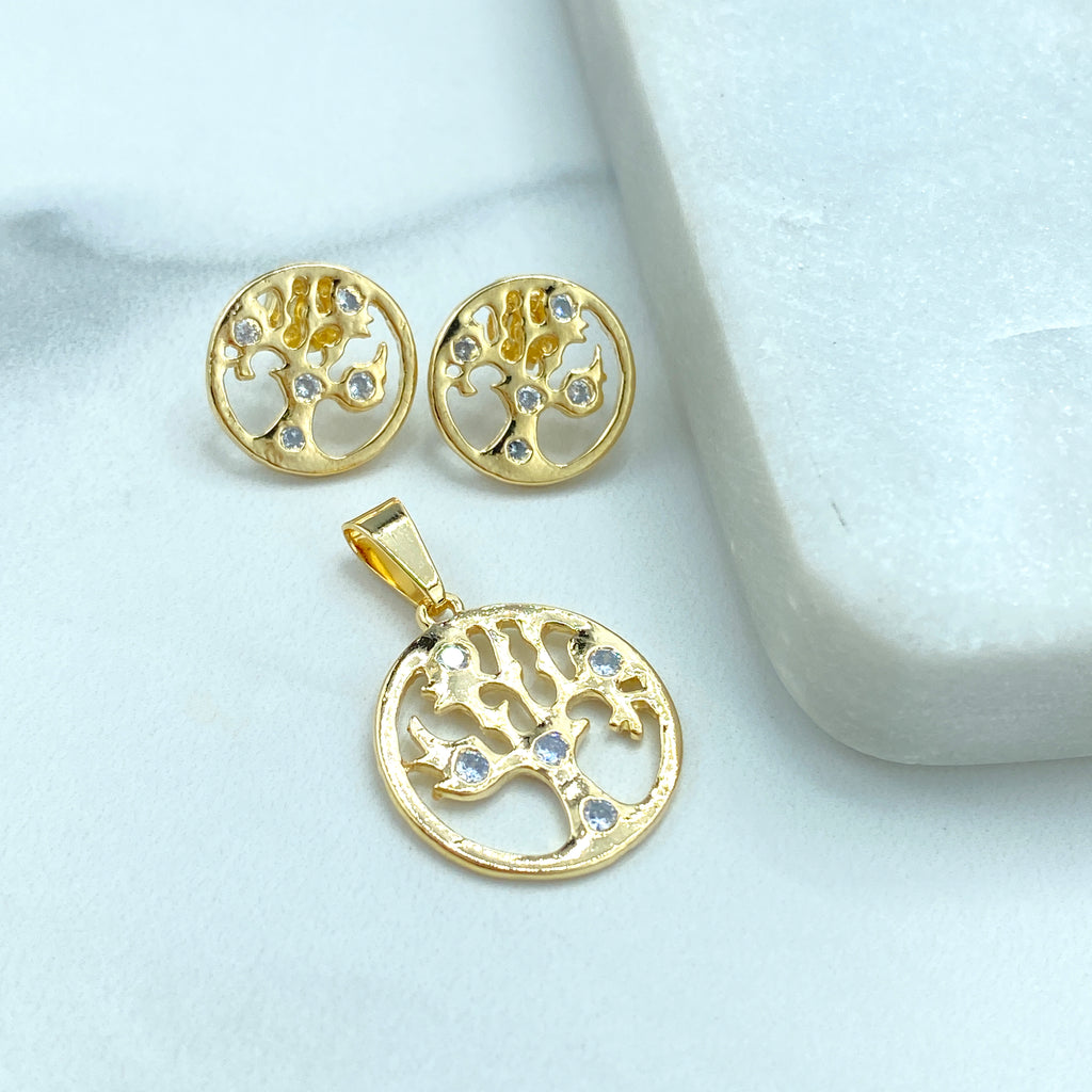 18k Gold Filled Tree of Life Stud Earring and Pendant Set, featuring Micro CZ, Cutout Style