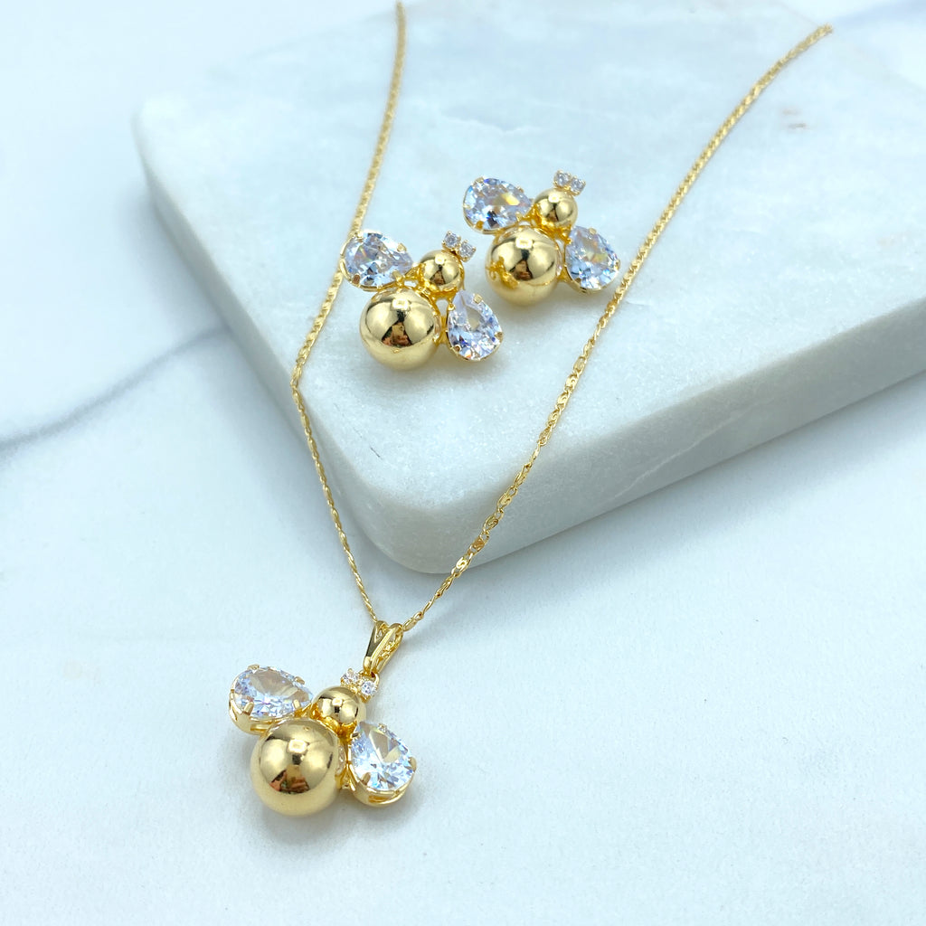 18K Gold Filled Bee Necklace and Bee Stud Earrings Set, featuring Clear Cubic Zirconia, Mariner Link Chain