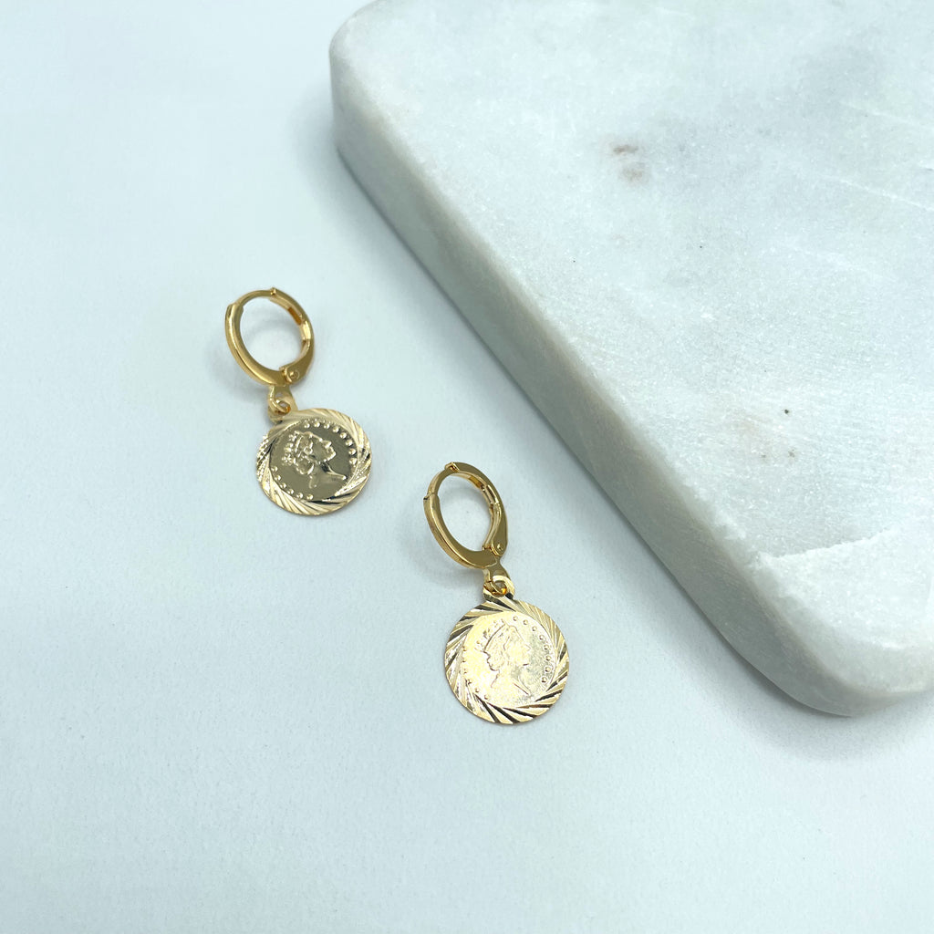 18k Gold Filled "The Second Queen Elizabeth" Coin Huggie Earrings, Woman Crown Earrings