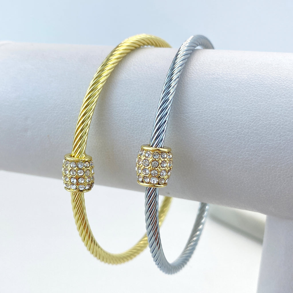 18k Gold Filled or Silver Filled Cable Cuff Bracelets with Charm featuring Micro Pave CZ Adjustable Bracelet