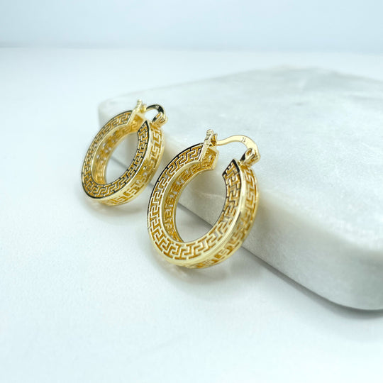 18k Gold Filled Textured Greek Key Hoops Shape Earrings, Cutout Greek Key Hoop