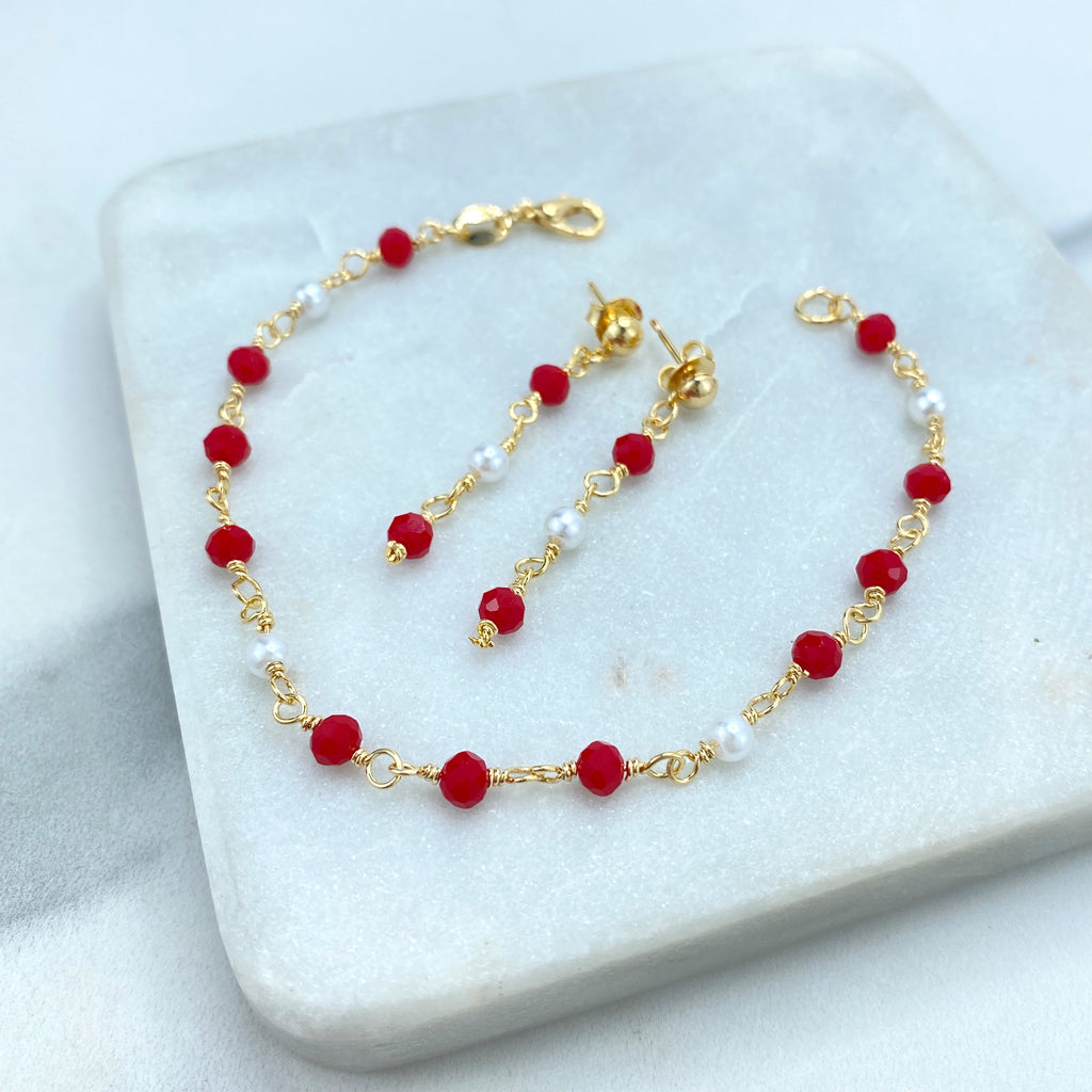 18k Gold Filled Colored Beads Set, Red White Beaded Chain, Necklace, Bracelet or Earrings