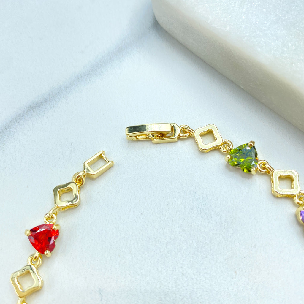 18k Gold Filled Bracelet, Multicolor CZ Heart and Clover Link Design, Linked CZ Bracelet Dainty Romantic Jewelry