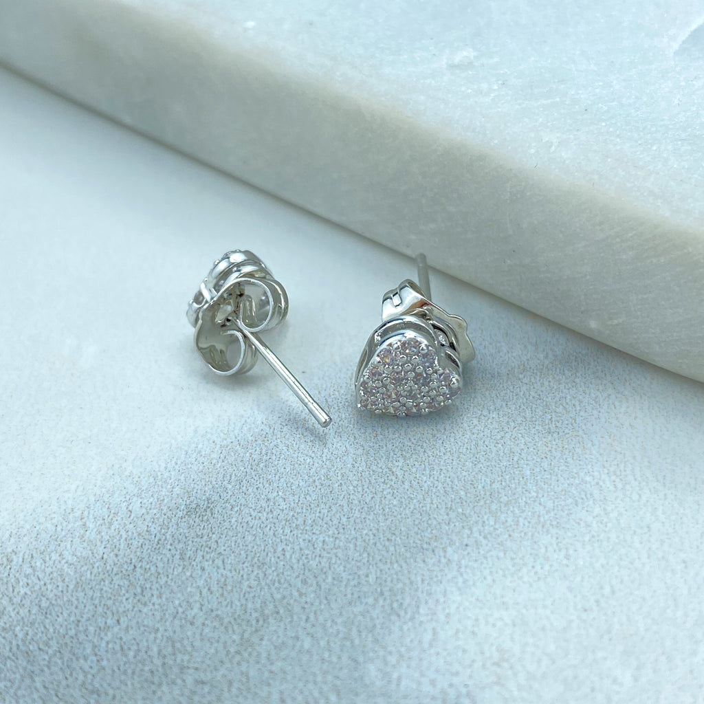 Silver Filled Heart Shaped Stud Earrings with Micro Pave CZ, Micro CZ Silver Heart Stud Earrings