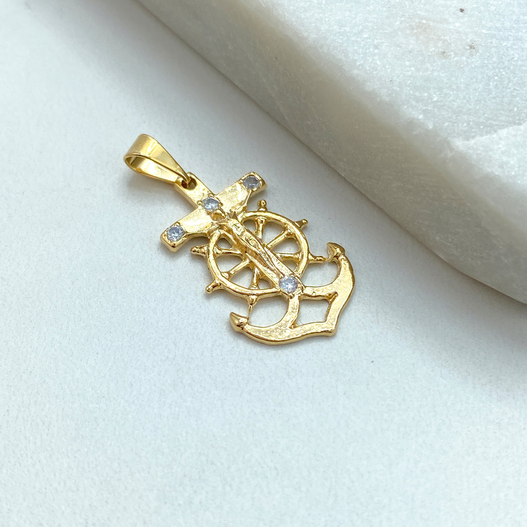 18k Gold Filled Nautical Anchor Jesus Cross featuring Micro CZ Pendant, Anchor and Crucifix Charm