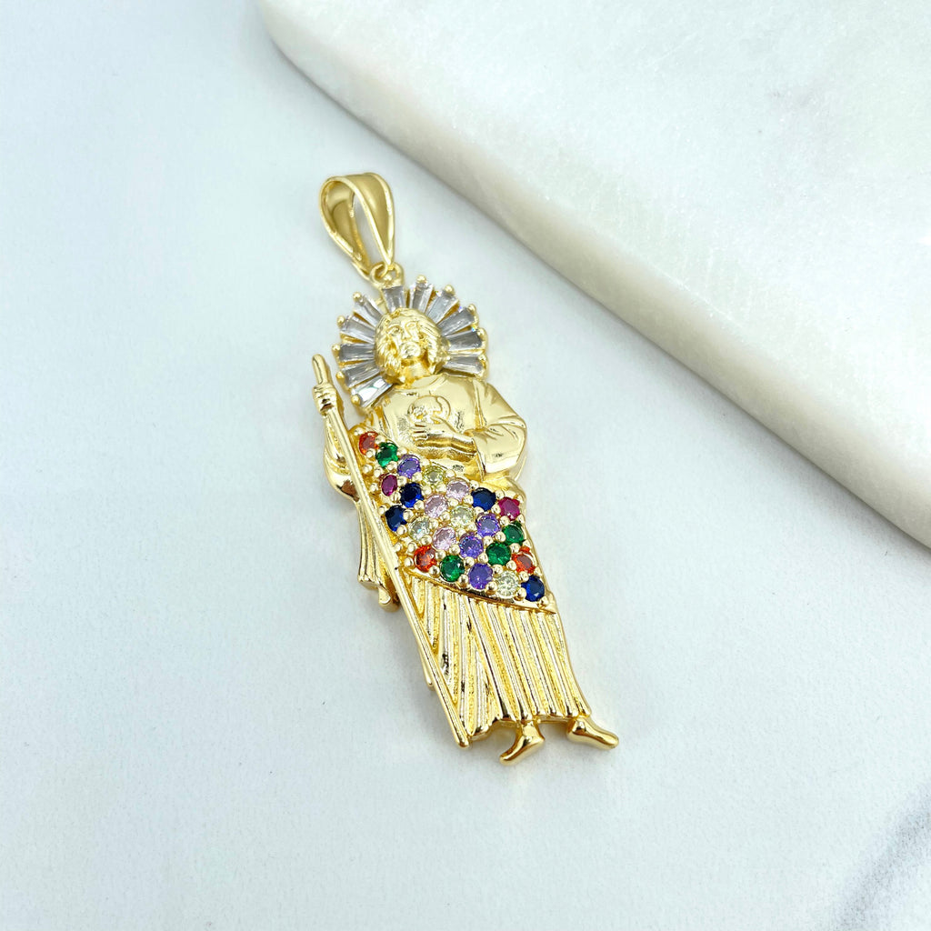 18k Gold Filled Religious Pendant Clear Baguette & Multicolor Micro CZ Saint Jude