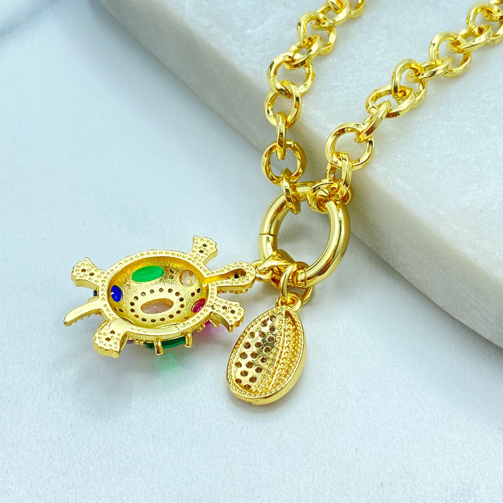 18k Gold Filled Necklace, Rolo Chain with Multicolor CZ Turtle and Clear CZ Cowry Shell Charms Necklace, 16" + Extender
