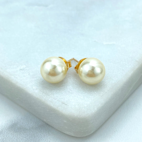 Stainless Steel 10mm Simulated Gold Pearl Stud Earrings, Yellow Golden Pearl Stud, Timeless Jewelry