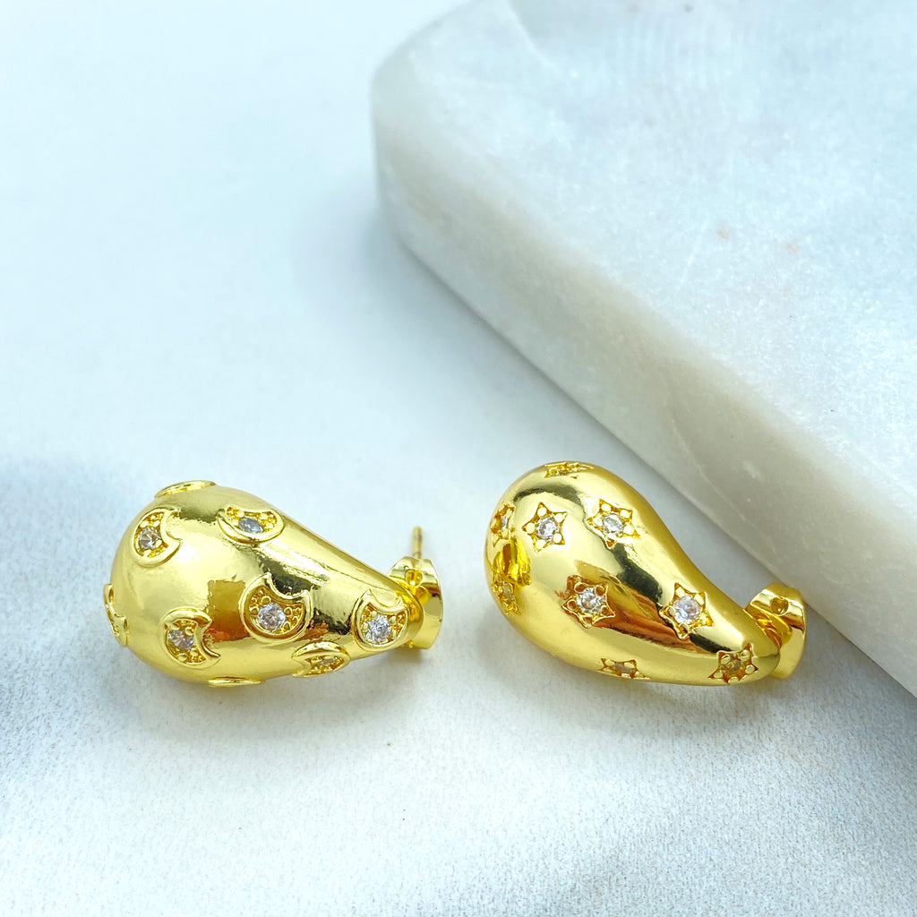 18k Gold Filled Chunky Vintage Drop Shape Earrings, Teardrop Puffed Earrings with Micro CZ, Moon and Star.