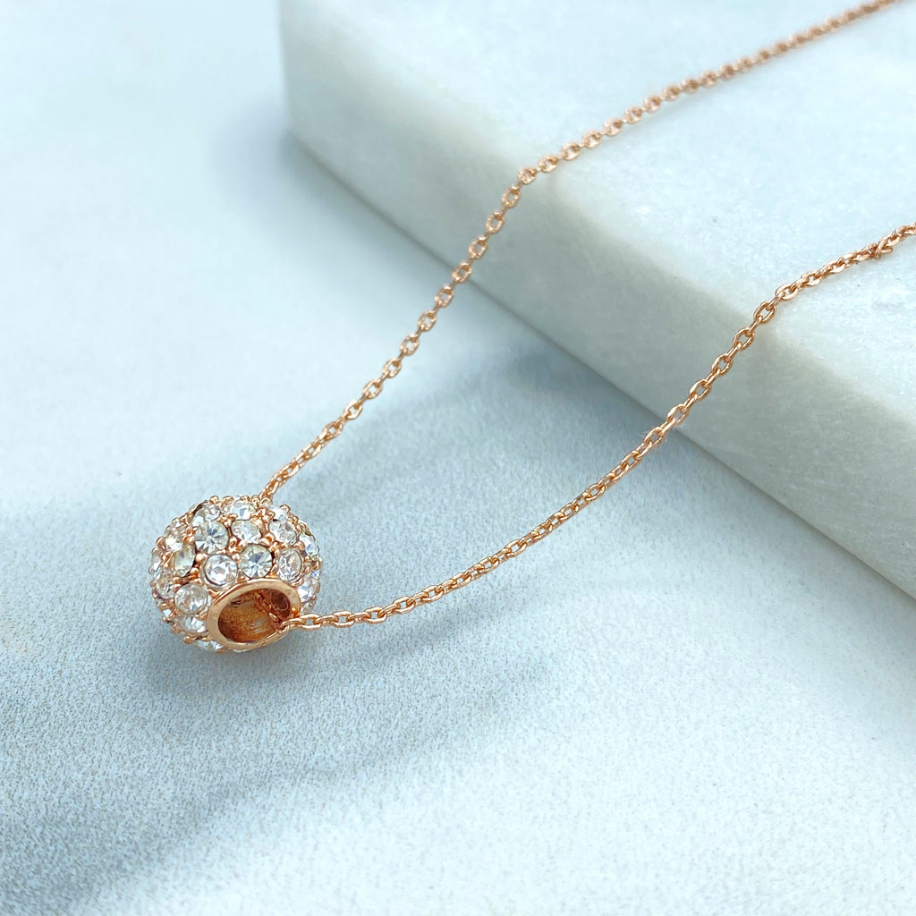 Rose Gold Filled Delicate Necklace with CZ Cylinder Charm Front, and Pink Enamel Star Extender