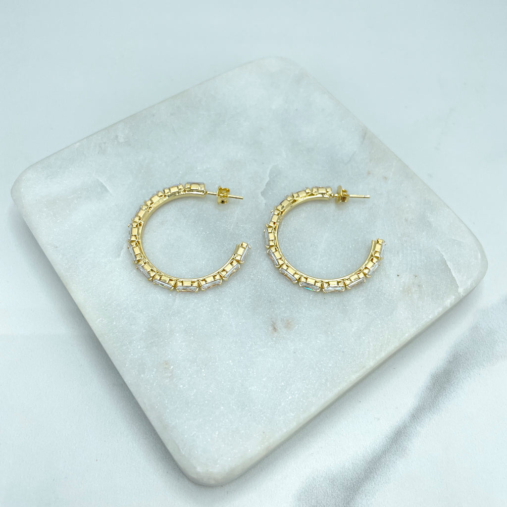 18k Gold Filled 33mm C-Hoop Earrings with Rectangular Clear Cubic Zirconia
