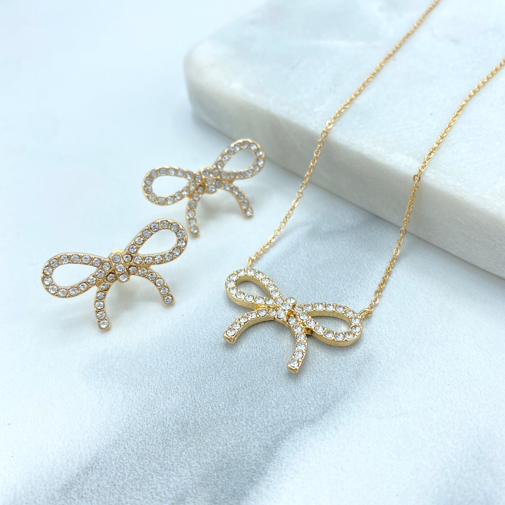 18k Gold Filled Ribbon Bow Stud Earrings or Necklace featuring Clear Cubic Zirconia Set