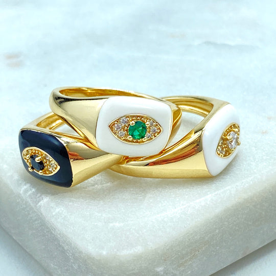 18k Gold Filled Micro CZ Evil Eye Ring, with White or Black Enamel, Protection against the Evil Eye Charm