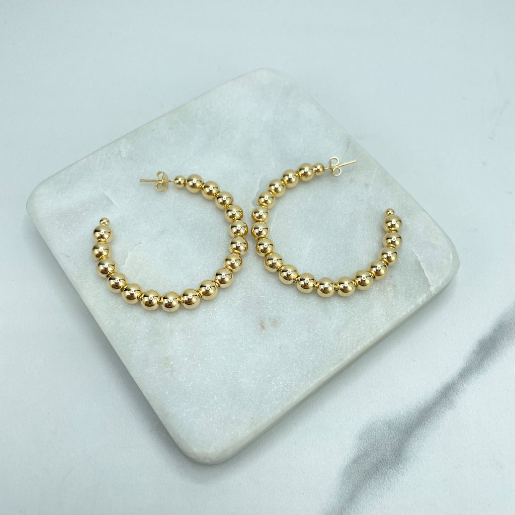 18k Gold Filled 45mm Beaded Hoop, Ball Gold Beads C-Hoop Earrings