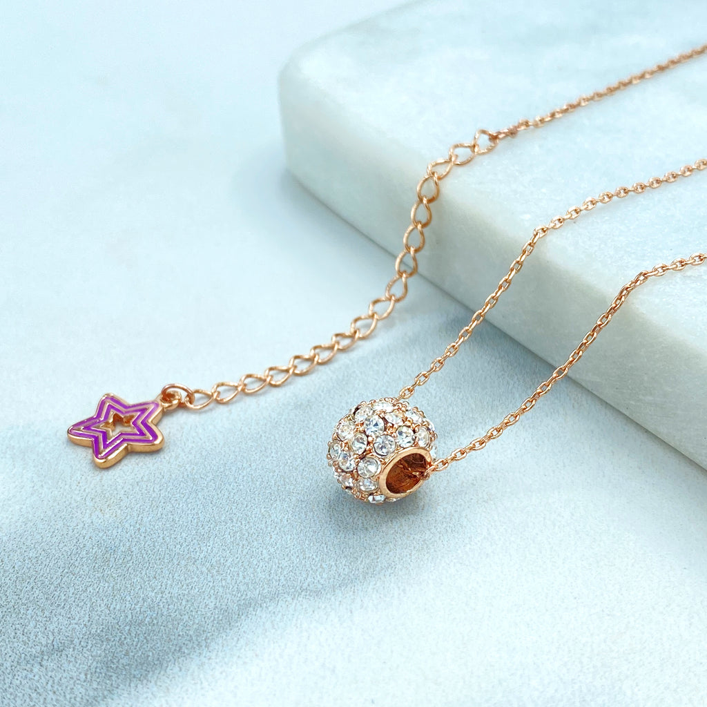 Rose Gold Filled Delicate Necklace with CZ Cylinder Charm Front, and Pink Enamel Star Extender