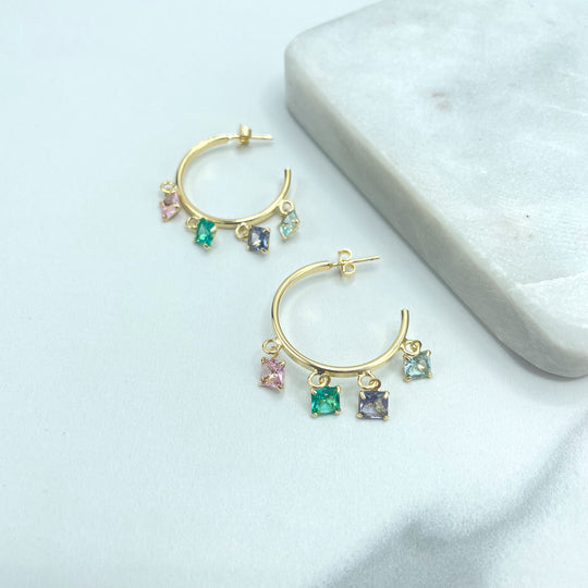 18k Gold Filled 26mm C-Hoop with Dangle Multicolor Cubic Zirconia, Pink, Green, Purple & Blue