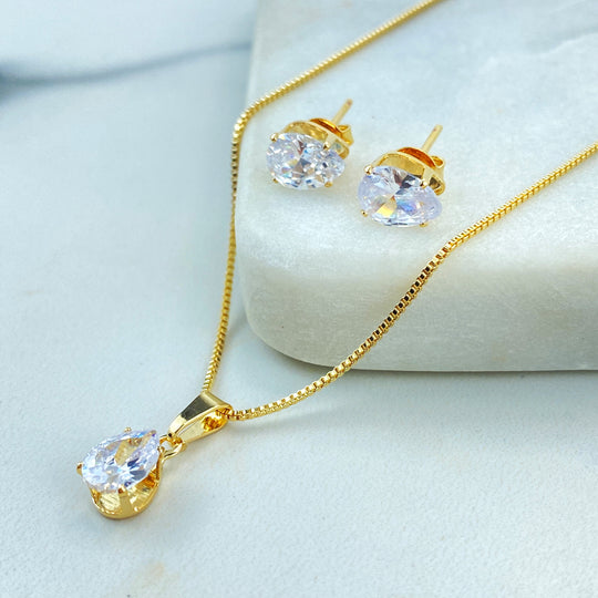 18k Gold Filled Solitaire Teardrop Shape CZ Necklace and Stud Earrings Set, Drop Cubic Zirconia Jewelry Set