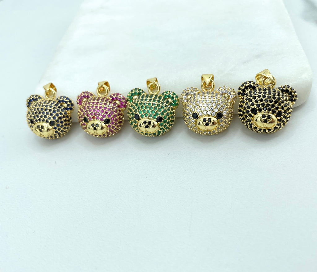 18k Gold Filled Blue, Green or Pink Micro CZ Cute Teddy Bear Face Head Shape Charms