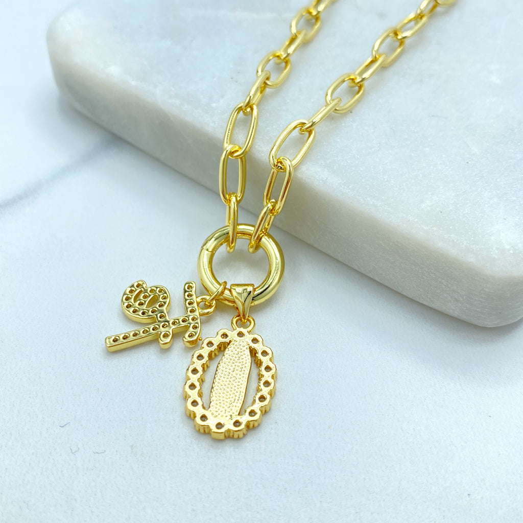 18k Gold Filled Necklace, Paperclip Chain with CZ Guadalupe Medal & “Fe” Charm Necklace, 16" + Extender
