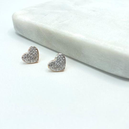 18k Gold Filled Two Tone Clear Micro CZ Heart Shape Stud Earrings, Romantic