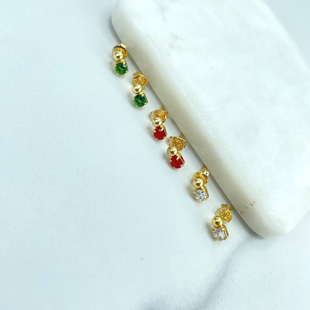 18k Gold Filled Set, Red, Clear or Green Solitaire Zirconia Circle Shape & Gold Ball
