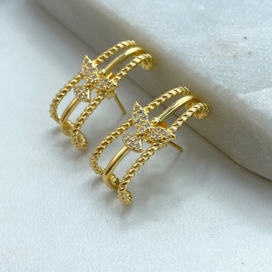 18k Gold Field Twisted Lines with Dove featuring Micro CZ Earrings, Bird Stud Earrings