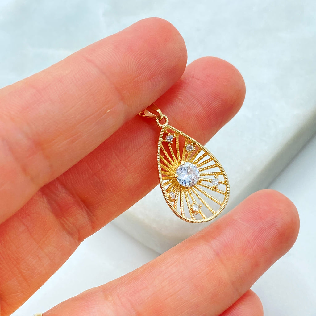 18k Gold Filled Teardrop Pendant, CZ Filigree Drop Charm, Elegant Dangle Jewelry, Sparkling Teardrop Pendant