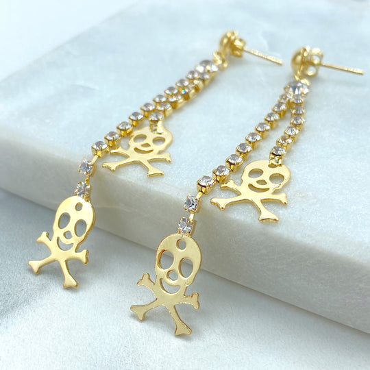 18k Gold Filled Long Drop and Dangle Skull Earrings, Double Dangle Cubic Zirconia Earrings with Stylized Skeleton