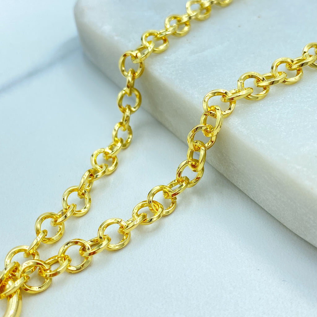 18k Gold Filled Necklace, Rolo Chain with Multicolor CZ Turtle and Clear CZ Cowry Shell Charms Necklace, 16" + Extender