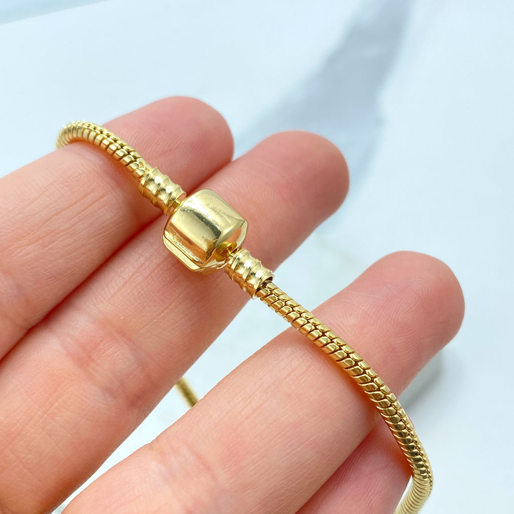 18k Gold Filled Snake Chain Bracelet, European Style Charm Bracelet, Cable Bangle for Charms, Barrel Clasp, Charm Holder Bracelet