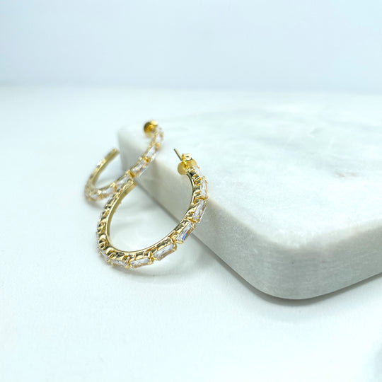 18k Gold Filled 33mm C-Hoop Earrings with Rectangular Clear Cubic Zirconia
