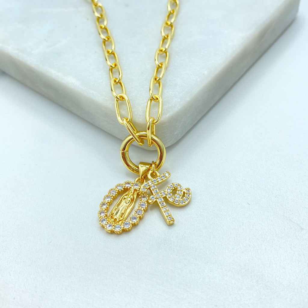 18k Gold Filled Necklace, Paperclip Chain with CZ Guadalupe Medal & “Fe” Charm Necklace, 16" + Extender