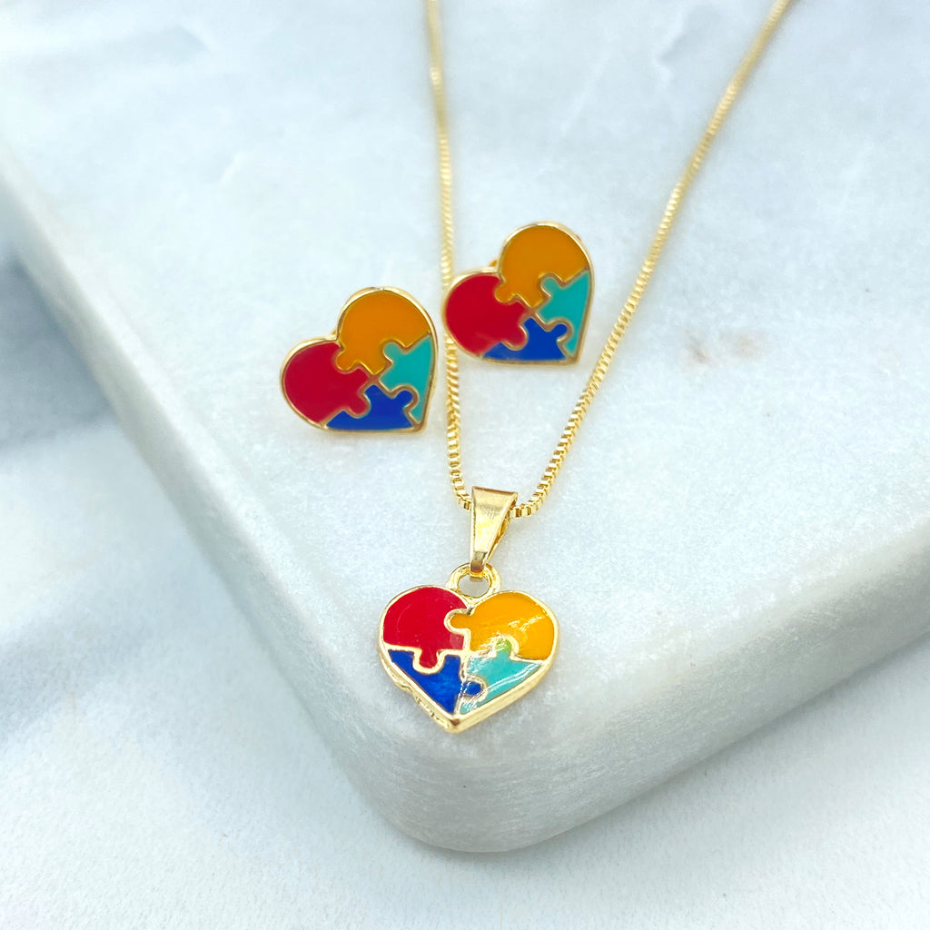 18k Gold Filled Jewelry Set Autism Awareness, Autism Colorful Heart Puzzle Necklace & Stud Earrings Set, Autism Symbol