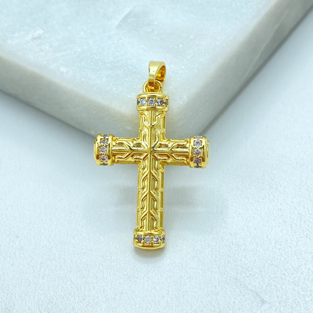 18k Gold Filled Textured Cross Pendant, CZ Accent Religious Charm, Statement Faith Jewelry, CZ Cross Pendant