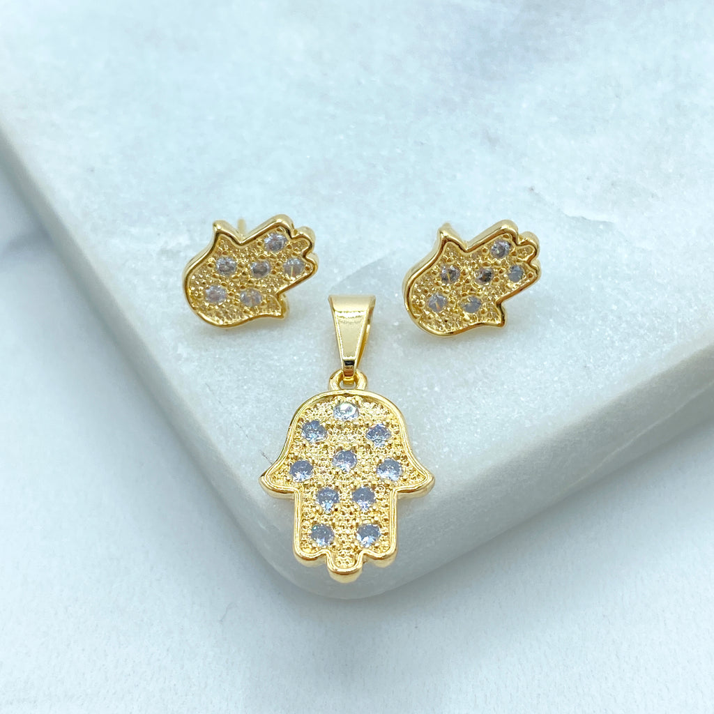 18K Gold Filled Textured Hamsa Hand Stud Earrings & Pendant Set, featuring Micro CZ