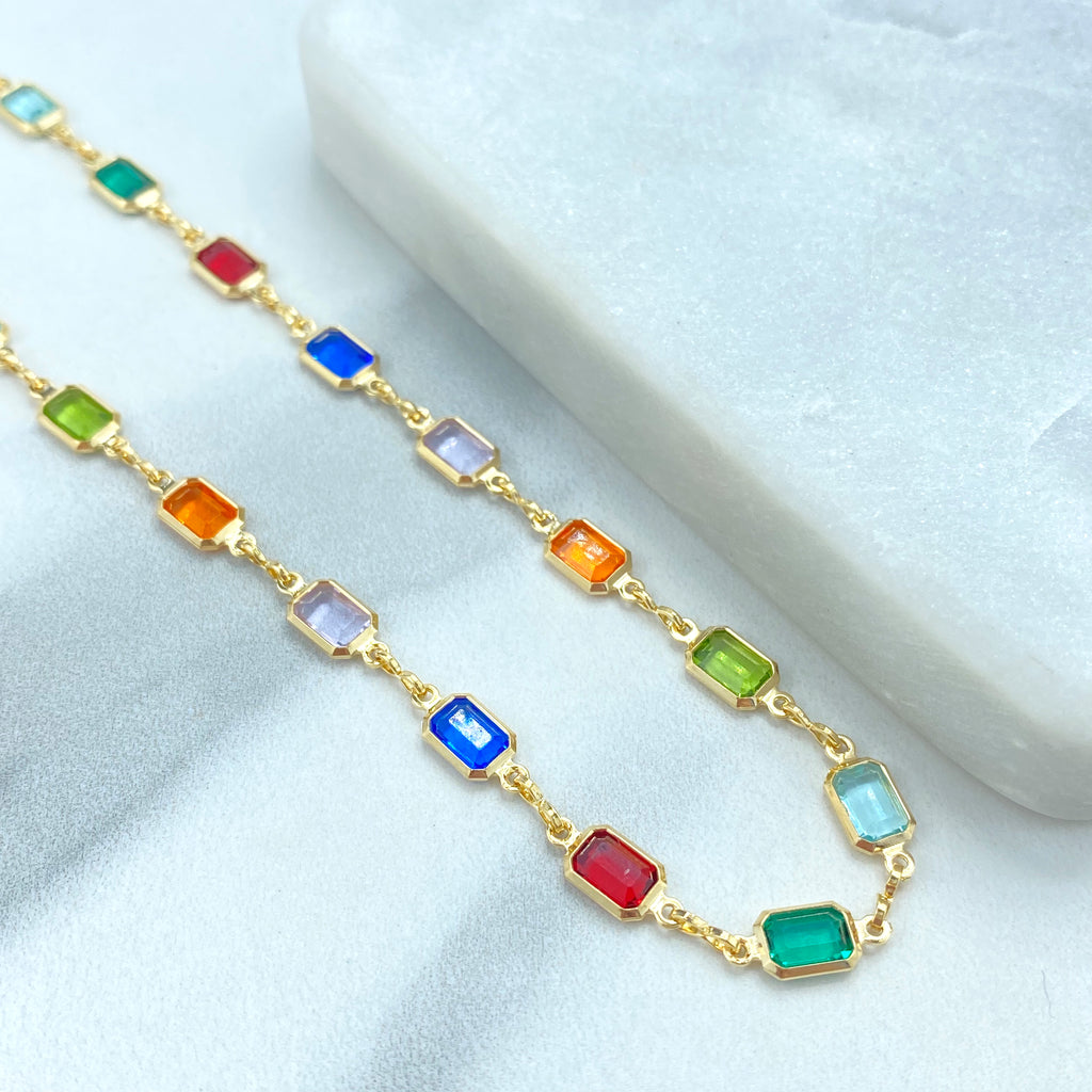 18k Gold-Filled Rainbow Crystal Necklace, Rectangular Multicolor Stone Design, 3 Different Sizes