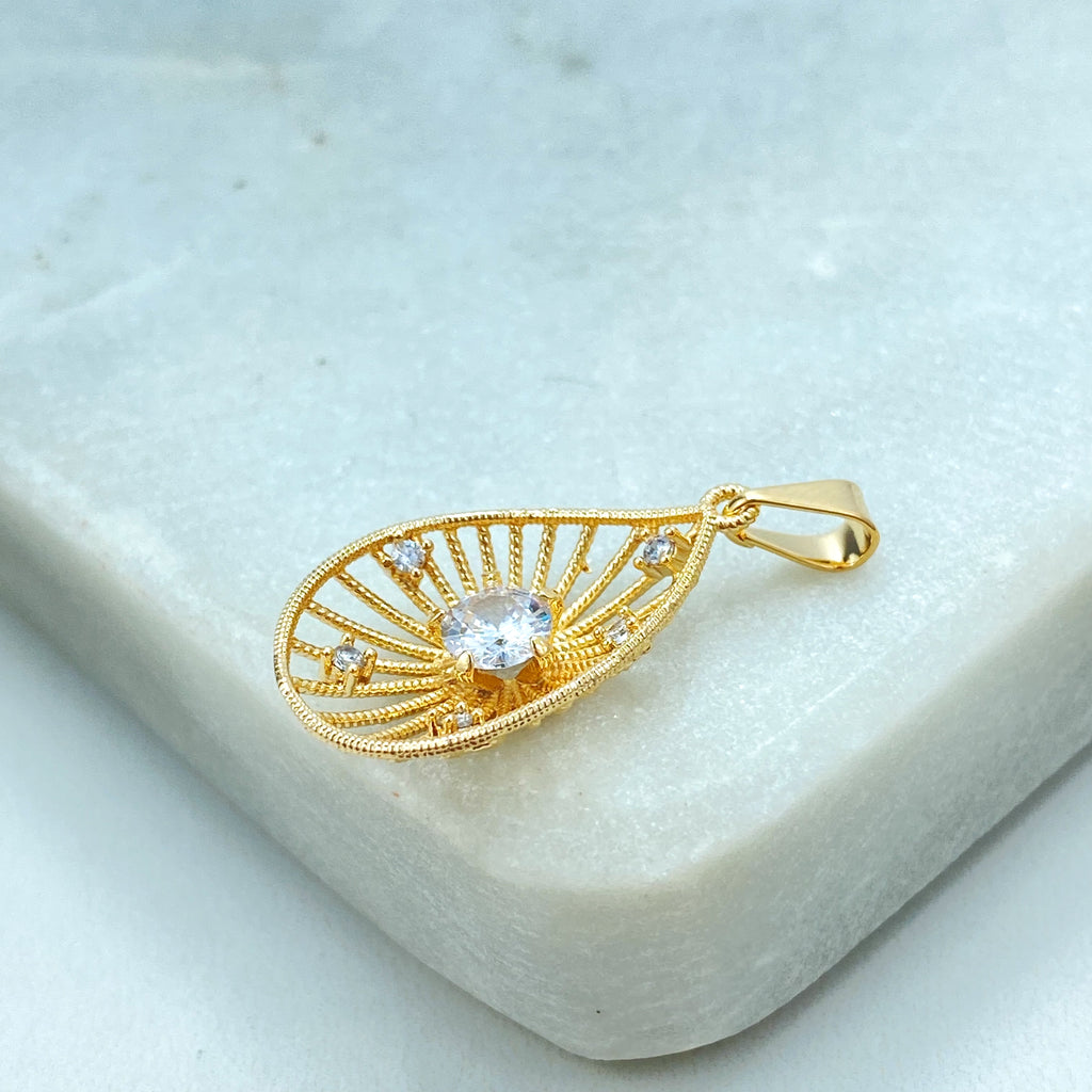 18k Gold Filled Teardrop Pendant, CZ Filigree Drop Charm, Elegant Dangle Jewelry, Sparkling Teardrop Pendant