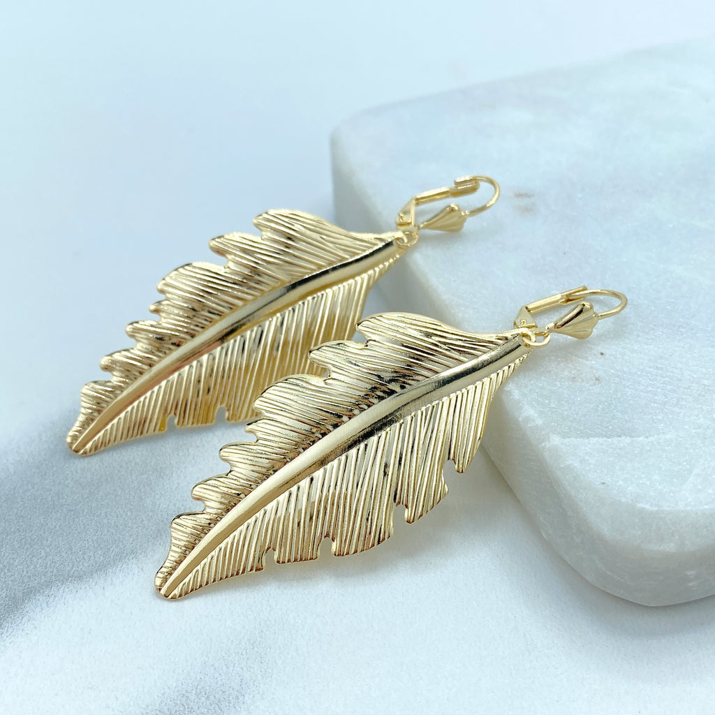 18K Gold Filled Textured Feather Leaf Drop Dangle Earrings, Dangly Boho Leaf and Feather Drop Earrings, Dangling Nature