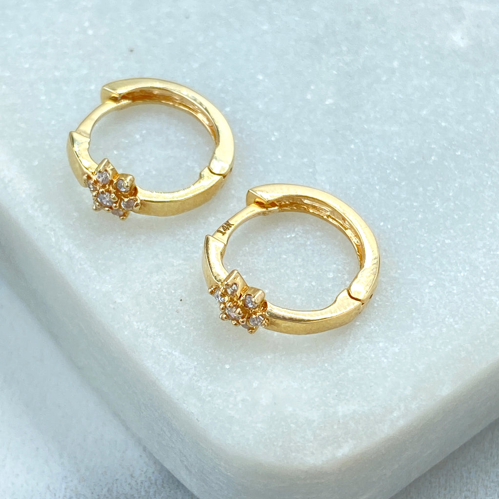 14k Solid Gold Huggie Earrings with Flower Charm featuring CZ, 14k Solid Yellow Gold CZ Flower Huggie Earrings