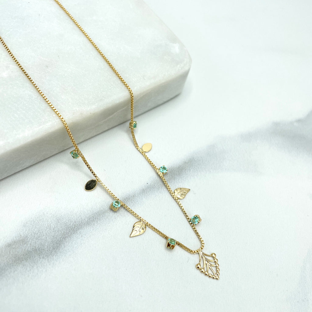 18k Gold Filled Fancy Choker with 1mm Box Chain, Dangle Leaves & Light Blue CZ Charms