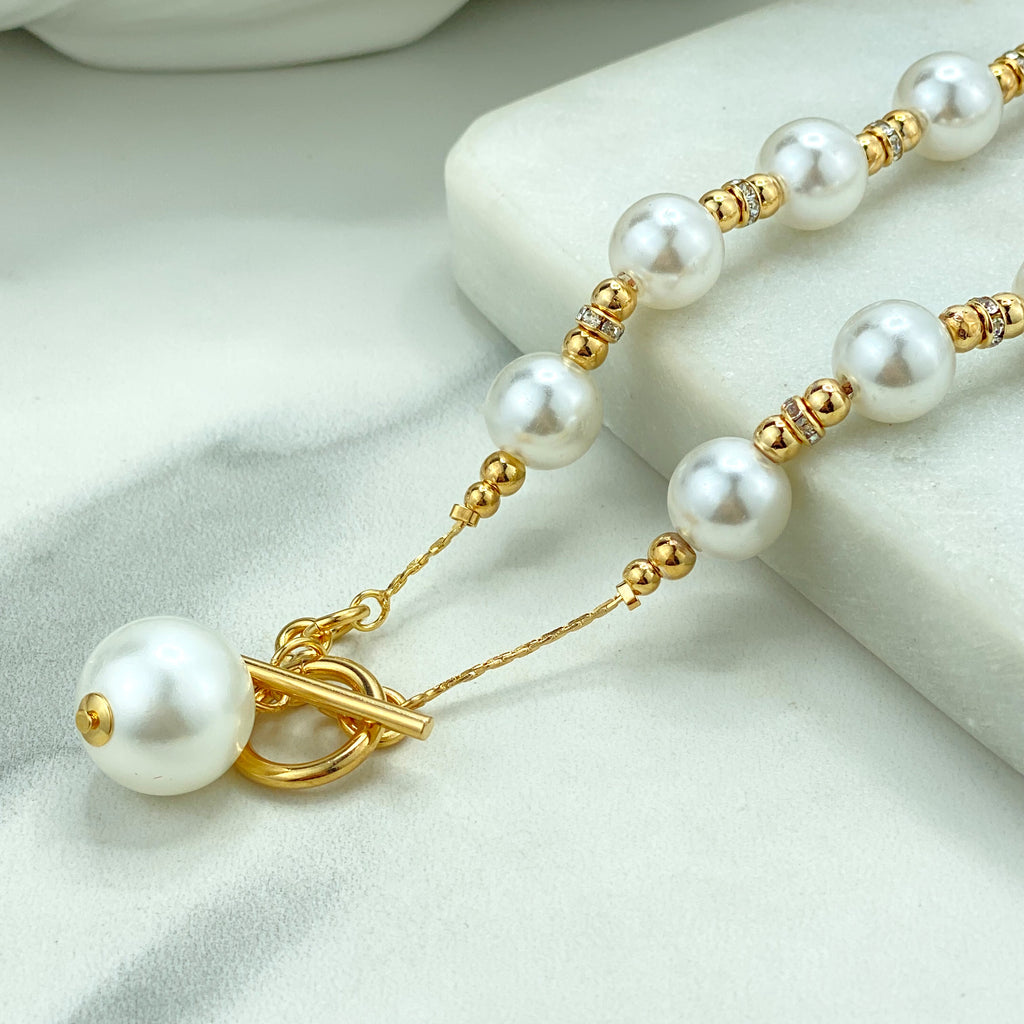 18k Gold Filled Simulated Pearl & Cubic Zirconia Necklace and Earrings Set, Toggle Clasp Pearl Necklace, Pearl Earrings