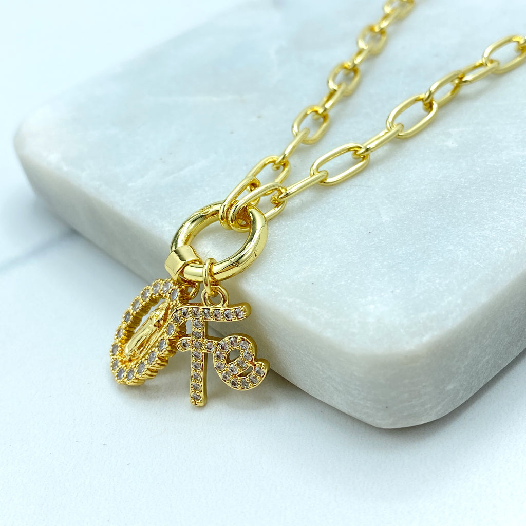 18k Gold Filled Necklace, Paperclip Chain with CZ Guadalupe Medal & “Fe” Charm Necklace, 16" + Extender