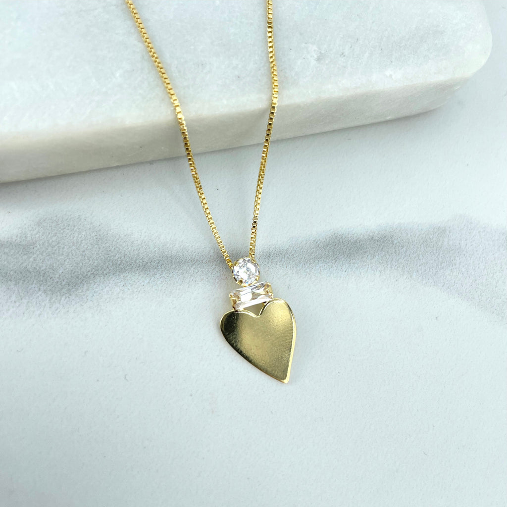 18k Gold Filled Flat Heart with Clear Cubic Zirconia Charm Necklace
