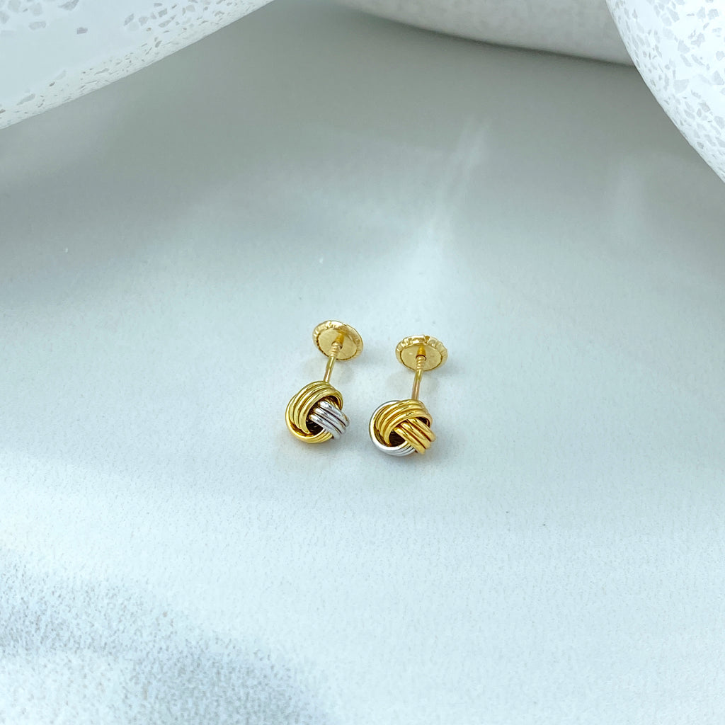 14k Solid Gold Two Tone Knot Stud Earrings, 14k Solid Yellow and Silver Gold Stud Earrings