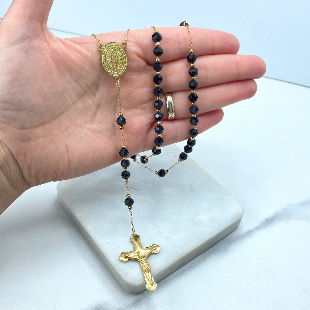 Stainless Steel and Black Beads Rosary with 'Nuestra Señora de Guadalupe' Charm, 13 Inches, Our Lady of Guadalupe